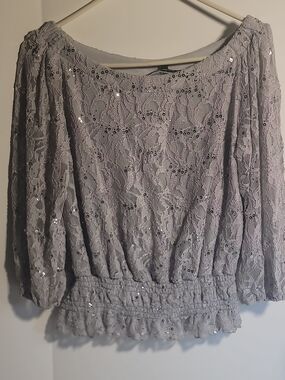 Lace Sequin Peasant Blouse - Light Gray